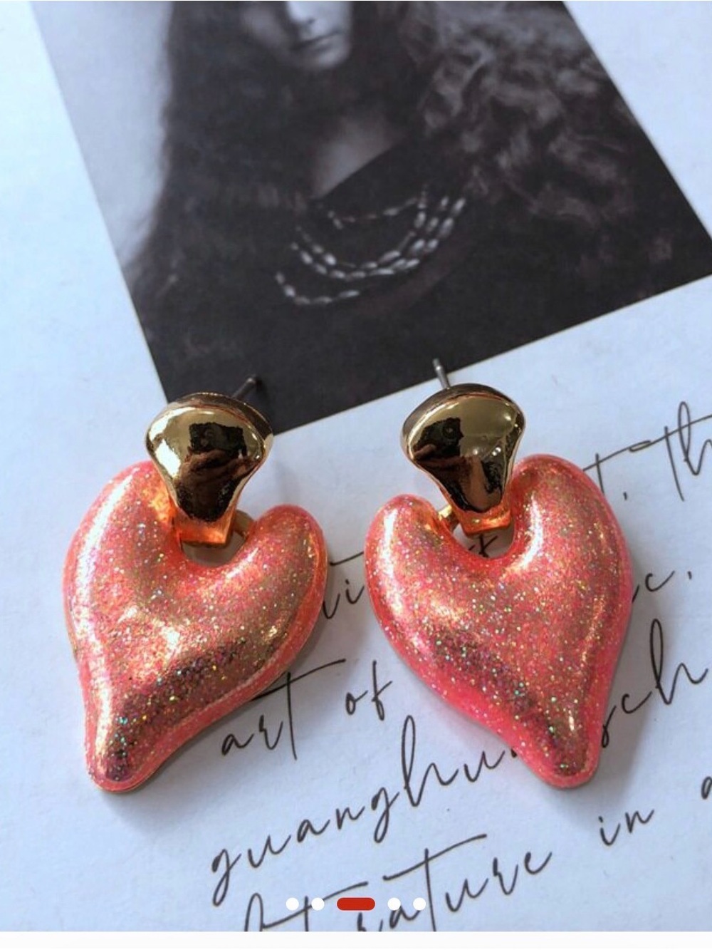 Gold-Top Pink Glitter Heart Drop Earrings